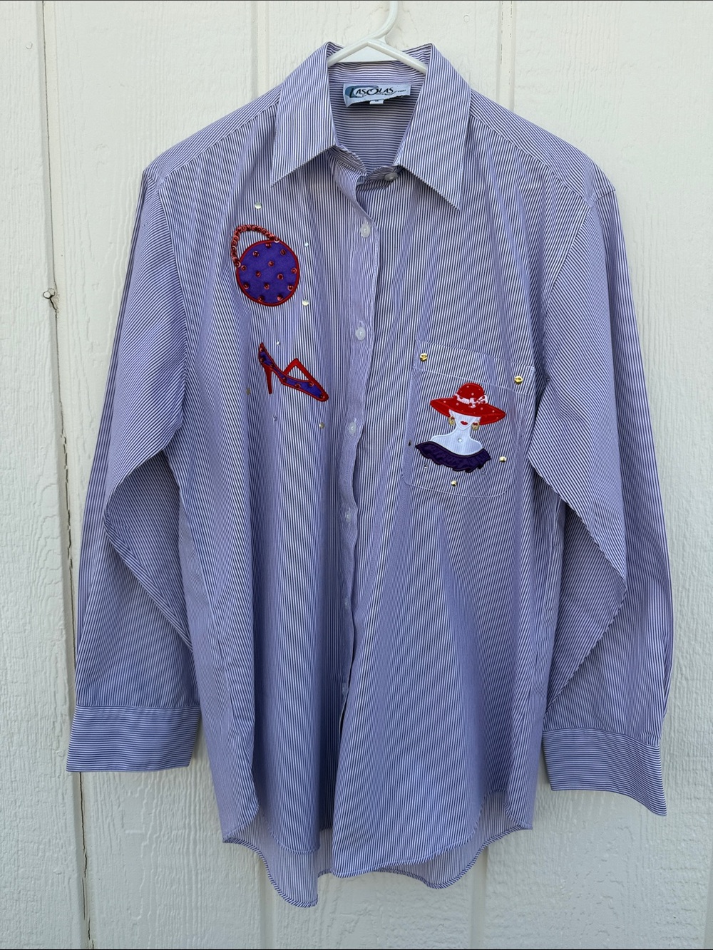 Las Olas Womens Size S Purple Striped Blouse Top with Embroidered & Stud Accents